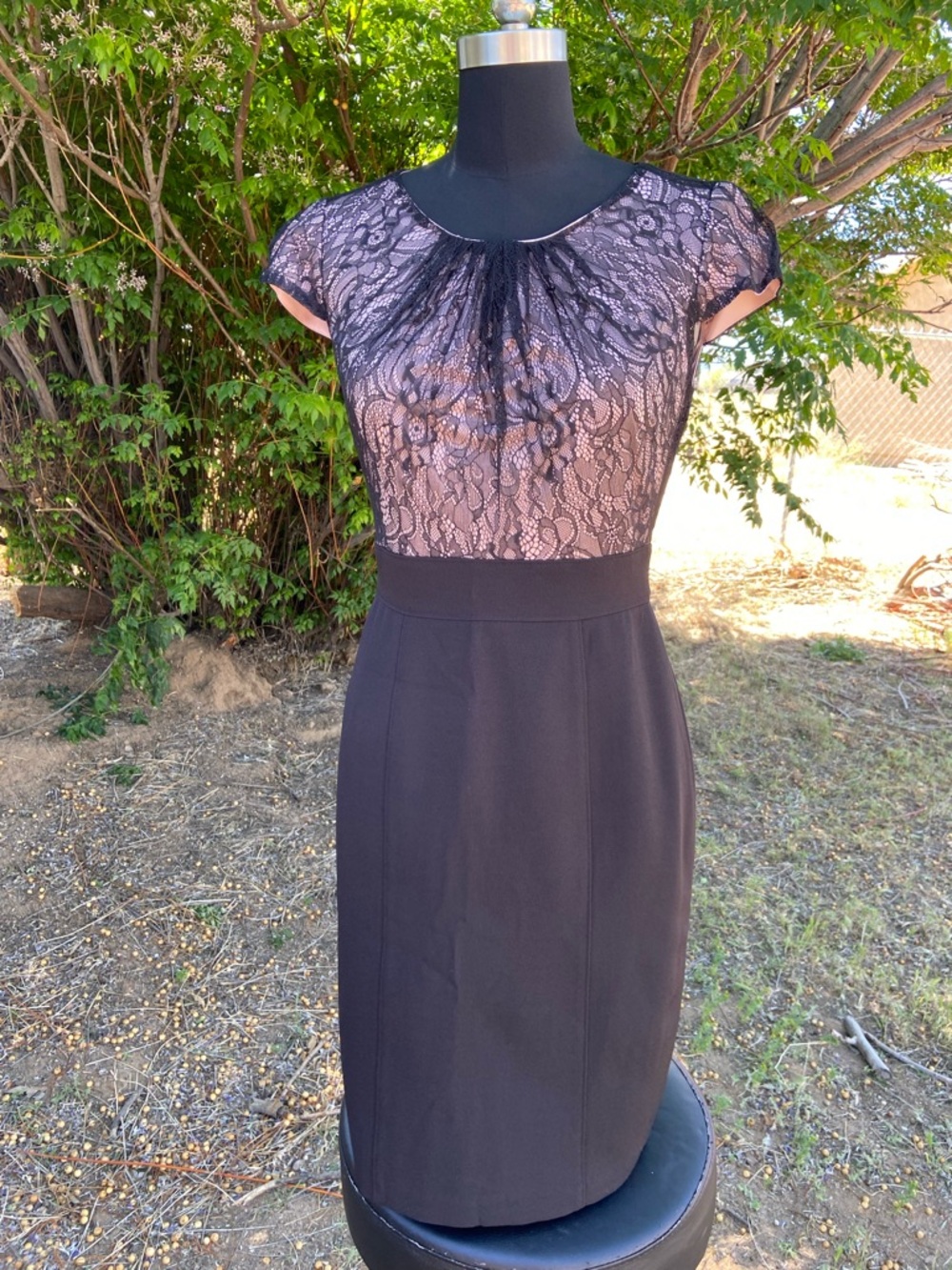 Black Midi Dress with Blush Lace Bodice